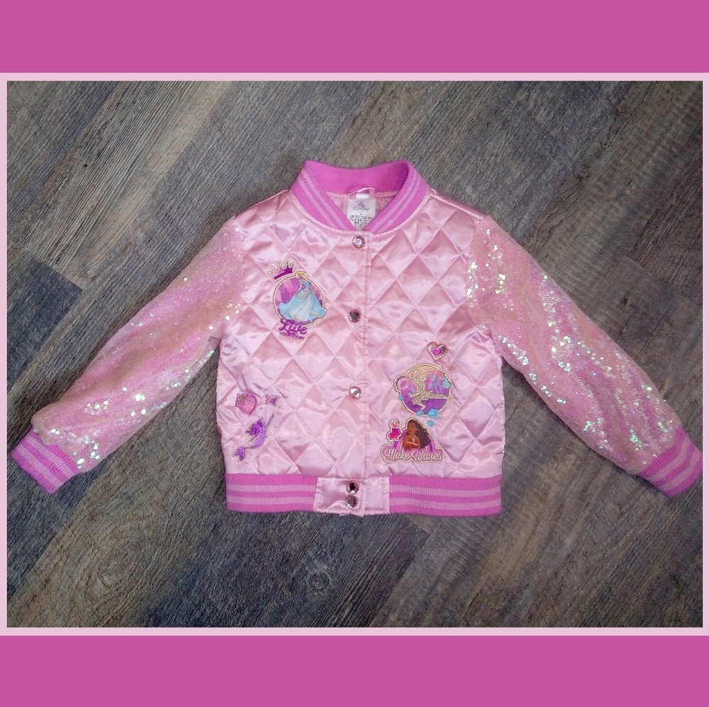 Disney Girls Pink Quilted Bomber Jacket Sparkle Sleeves 4T